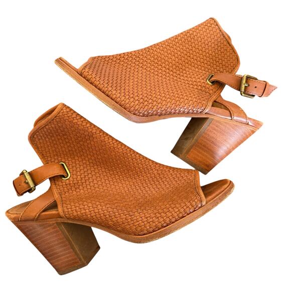 Frye Women's Brown Leather Woven Shield Peep Toe Slingback Heel - Size 10 - Picture 3 of 10